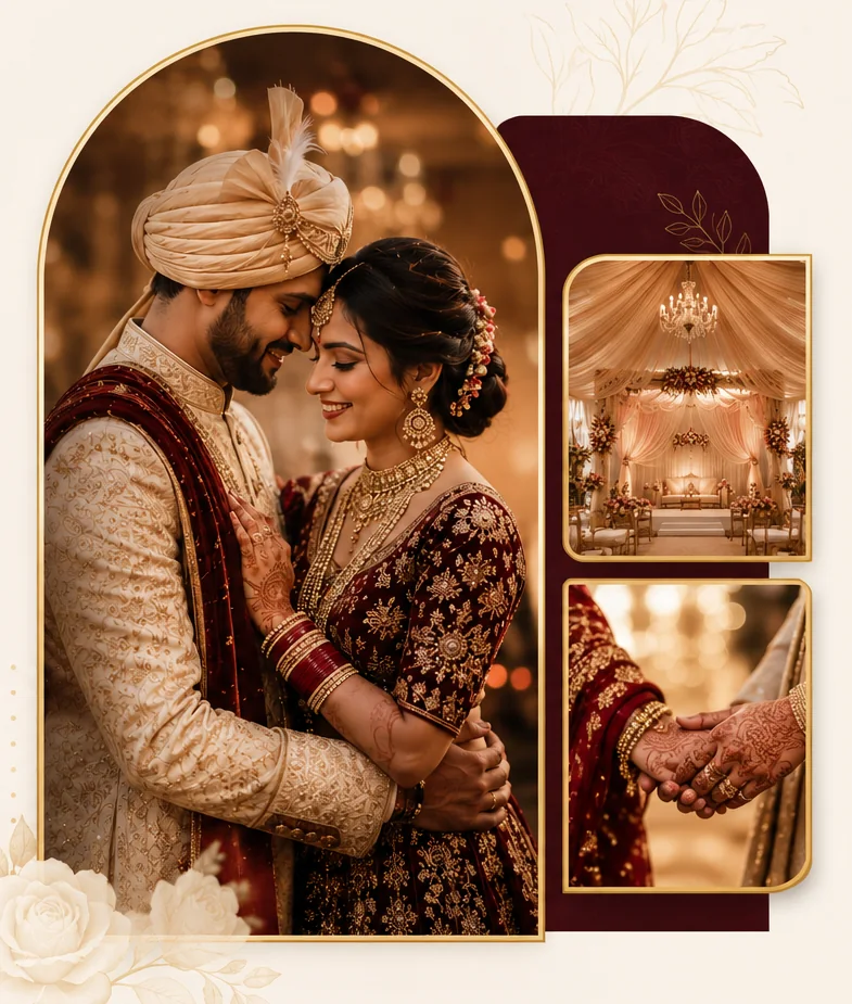 Wedding couple and venue collage